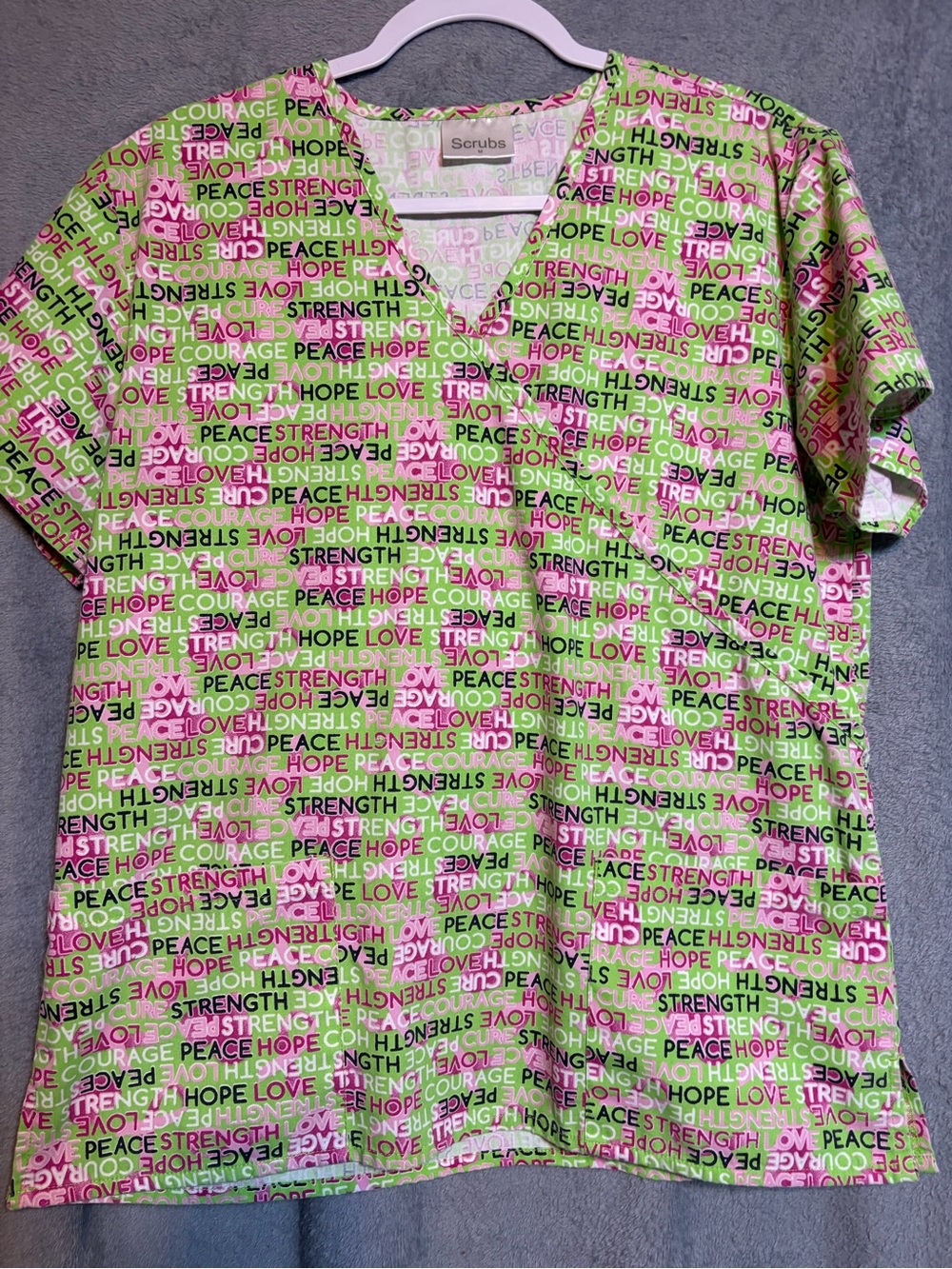 Smart Scrubs Green & Pink Word-Print V-Neck Short Sleeve Top